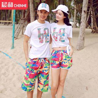 Couple Matching Printed Swim Shorts / Letter T-shirt