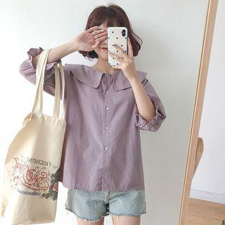 3/4-sleeve Frill Trim Wide Collar Shirt