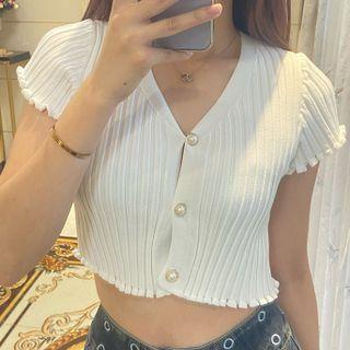 Short-sleeve Frill Trim Button-up Cropped Ribbed Knit Top