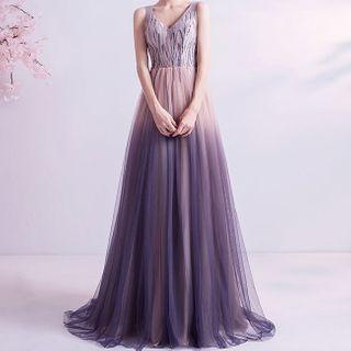 Sleeveless Gradient Mesh A-line Evening Gown