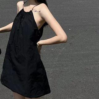 Spaghetti-strap Halter Plain Mini A-line Dress