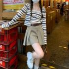 Long Sleeve Striped Cardigan + Halter Striped Cardigan/ Plain Pleated Skirt With Belt