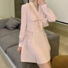 Long-sleeve Bow Jacket / Plain Spaghetti-strap Mini Dress