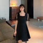 Short-sleeve Mesh-panel Dress Black - One Size