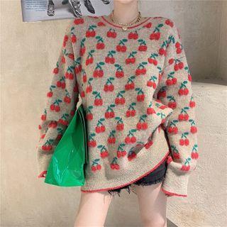 Cherry Print Sweater Khaki & Red - One Size