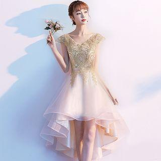 Cap-sleeve Embroidered High-low Mesh Prom Dress