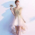 Cap-sleeve Embroidered High-low Mesh Prom Dress
