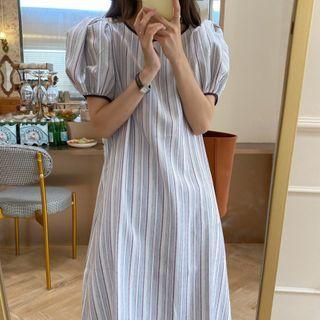 Puff-sleeve Striped A-line Midi Dress