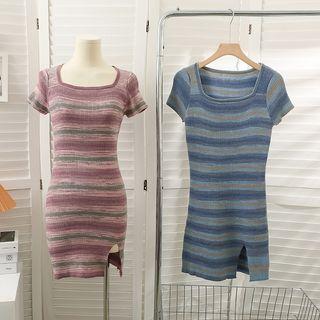 Slit-hem Striped Mini Dress