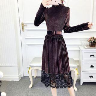 Mock Neck Long-sleeve Velvet Midi Dress