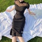 Balloon-sleeve Mesh Panel Midi Sheath Dress