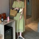 Puff Sleeve Crew Neck Plain Tiered Mini A-line Dress