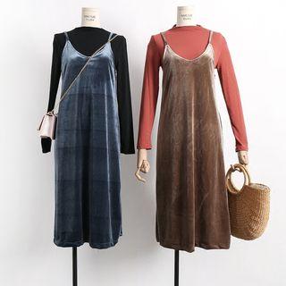 Mock Neck Long-sleeve T-shirt / Strappy Dress / Set: Mock Neck Long-sleeve T-shirt + Strappy Dress