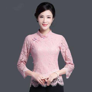 3/4-sleeve Chinese Style Button Lace Top