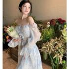 Long-sleeve Off-shoulder Print Maxi Dress
