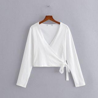 Long-sleeve V-neck Tie-strap Crop Top