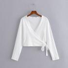 Long-sleeve V-neck Tie-strap Crop Top