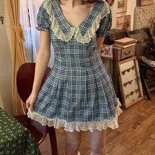Puff-sleeve Lace Trim Plaid Mini A-line Dress