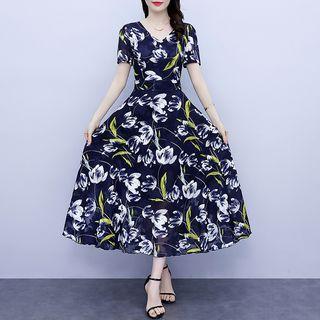 Print V-neck Chiffon A-line Dress