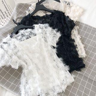 Set: Fringed Short-sleeve Chiffon Top + Camisole