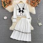 Set: V-neck Bow Cropped Jacket + Midi A-line Skirt