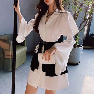 Set: Puff-sleeve Mini Shirt Dress + Flower Embroidered Mini Skirt