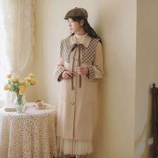 Plaid Panel Tie-neck Long Button Coat