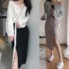 Long Sleeve Plain Cardigan / Knit Skirt