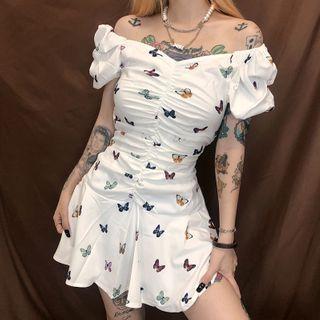 Short-sleeve Butterfly Print A-line Mini Dress