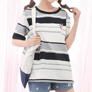 Flamingo Embroidered Striped Elbow-sleeve T-shirt