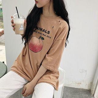 Short-sleeve Peach Print Ripped T-shirt