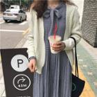 Check Long-sleeve Loose-fit Pleated Dress / Plain Cardigan