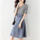 Short-sleeve Plaid Panel Denim Midi A-line Dress