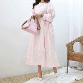 Puff-shoulder Button-back Maxi Shirtdress