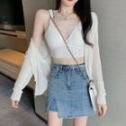 Denim A-line Skirt / Lace Camisole Top / Light Jacket