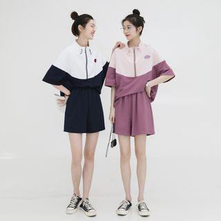 Set: Short-sleeve Color Block Zip-up Top + Shorts