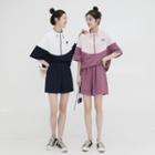 Set: Short-sleeve Color Block Zip-up Top + Shorts
