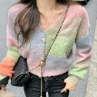 V-neck Cropped Cardigan Pink & Blue & Green - One Size