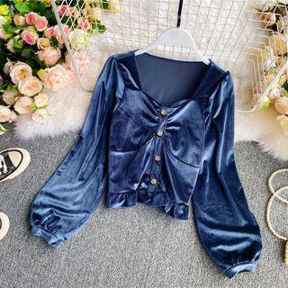 Square-neck Puff Long-sleeve Velvet Blouse