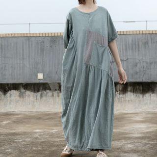 Short-sleeve Pocket Detail Maxi Shift Dress Blue - One Size