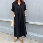 Short-sleeve V-neck Plain Pocket Dress