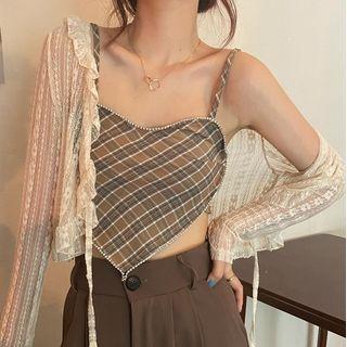 Plaid Asymmetrical Cropped Camisole Top Khaki - One Size