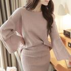 Set: Wide-sleeve Ribbed Knit Top + Long Skirt