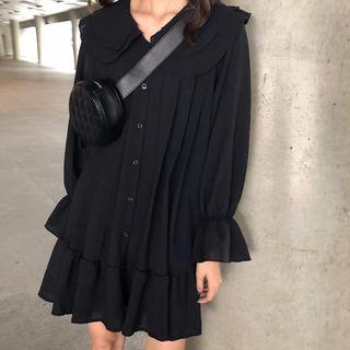 Collared Long-sleeve Chiffon Dress Black - One Size