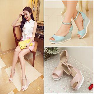 Faux Pearl Ankle Strap Wedge Sandals