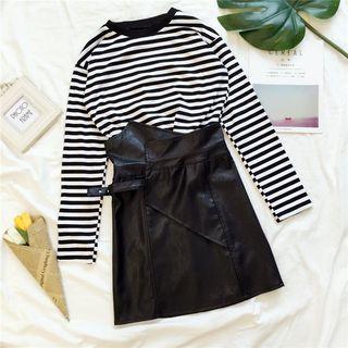 Set: Striped T-shirt + A-line Faux Leather Skirt