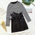Set: Striped T-shirt + A-line Faux Leather Skirt