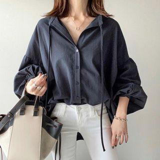 Puff-sleeve Plain Shirt Dark Blue - One Size