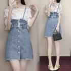 Set: Ruffle Off-shoulder Elbow-sleeve Top + Denim Suspender Skirt