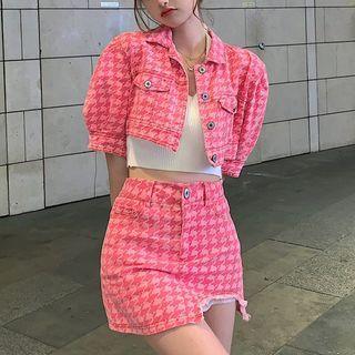 Puff-sleeve Houndstooth Denim Jacket / Cropped Tank Top / A-line Denim Skirt